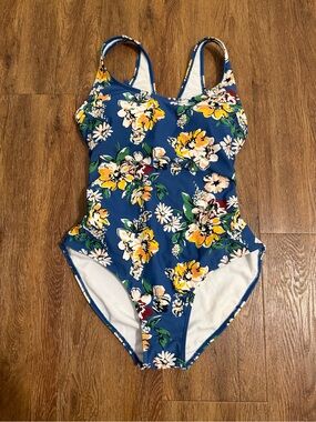Women’s Large Floral One-Piece Swimsuit - Blue - Adjustable Tie Back